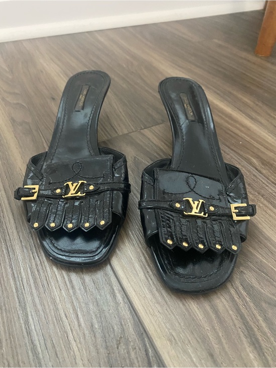 Louis Vuitton Shoes - Louis Vuitton Black Patent Leather Fringe Mules with Gold Hardware